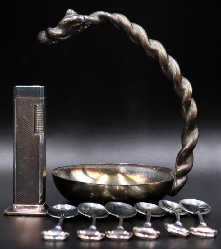 SILVERPLATE. Assorted Designer Silverplate: Hollowware and Flatware. Including an Italian Gucci silver plated wine bottle holder - stamped, "Gucci Italy"; (6) Italian Gucci silver plated stirrup demitasse spoons; and an English Dunhil