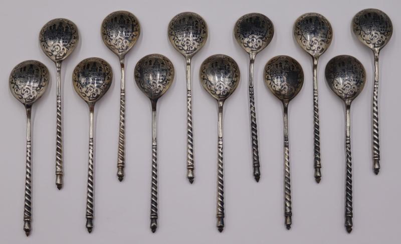 SILVER. (12) 19th C Russian Niello Silver Spoons. (1 of 6)