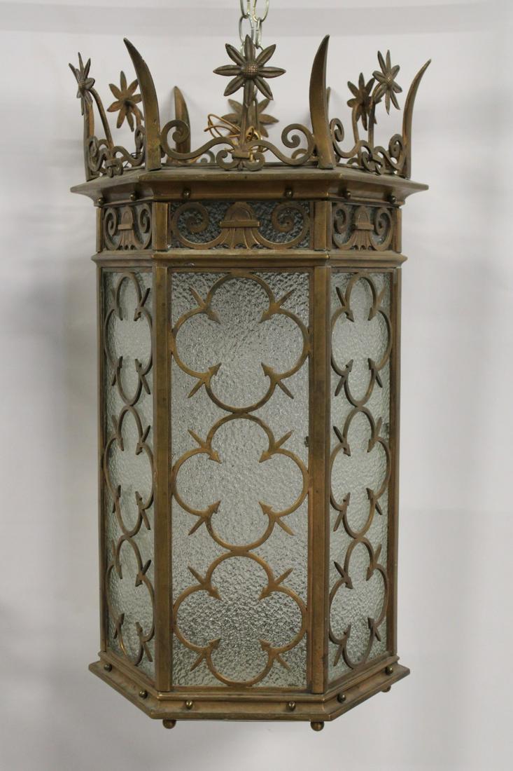 Large Art Deco Gilt Metal Hurricane Style: Chandelier. Good large size with textured glass. From a Connecticut estate. - Dimensions: 30" h x 17" w.