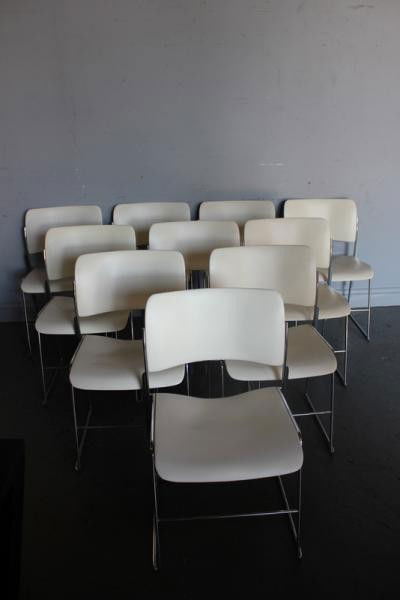 Set of 10 Enameled and Chrome Midcentury Chairs.: Signed David Rowland. From a Long Island location. Dimensions: 19" wide x 17.5" x 29.5." high.