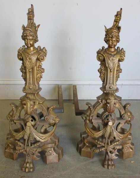 Pair of Claw Foot and Figural Brass Andirons.: From a NYC location. Dimensions: 24" high.