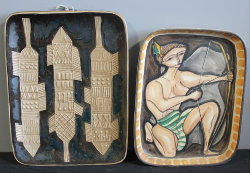 Two Italian Plaques Including One Raymoor.: One signed Tasco por Raymor Italia 104. From a New Rochelle, NY home. Dimensions: 14" x 10.5" and 12.5" x 9.75."