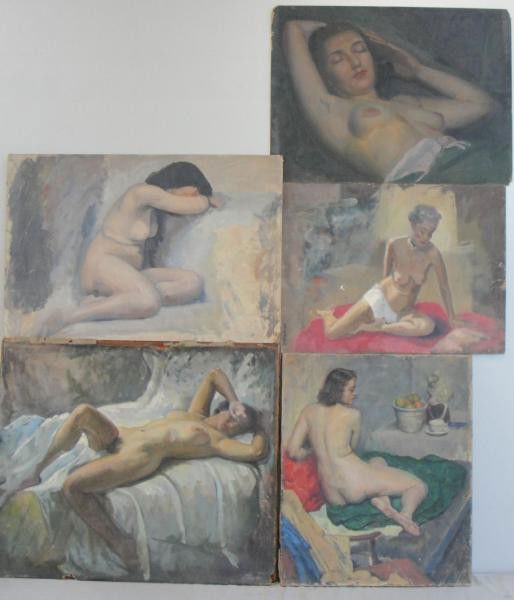 NEWMAN, Joseph. 5 Oils of Nudes.: 3 on board, 2 on canvas. 1 signed lower left. All have Joseph Newman estate stamp verso. Joseph Newman, American- New York, 1890 - 1979. From the East 85th St. Estate of Joseph Newman. Dimensions: 18"