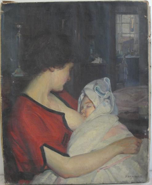 NEWMAN, Joseph. O/C of Mother Nursing a Baby.: Signed lower right. Joseph Newman estate stamp verso. Joseph Newman, American- New York, 1890 - 1979. From the East 85th St. Estate of Joseph Newman. Dimensions: 30" high x 24" wide. Condition: Unfram
