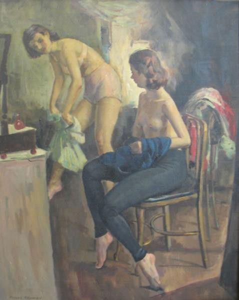 NEWMAN, Joseph. O/C "Two Dancers.": Framed and signed lower left. Old Salmagundi Club Club exhibition label verso. Joseph Newman estate stamp verso. Joseph Newman, American- New York, 1890 - 1979. From the East 85th St. Estate of Joseph