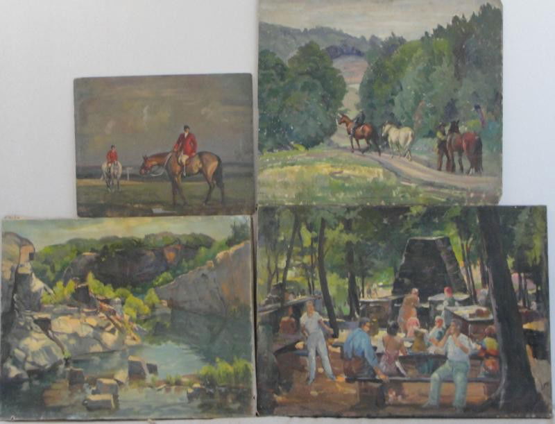 NEWMAN, Joseph. 4 Oils of Landscape, Park and: Equestrian Scenes. 2 on canvas, 2 on board. 1 with partial signature lower left. All have Joseph Newman estate stamp verso. Joseph Newman, American- New York, 1890 - 1979. From the East 85th St. Estat