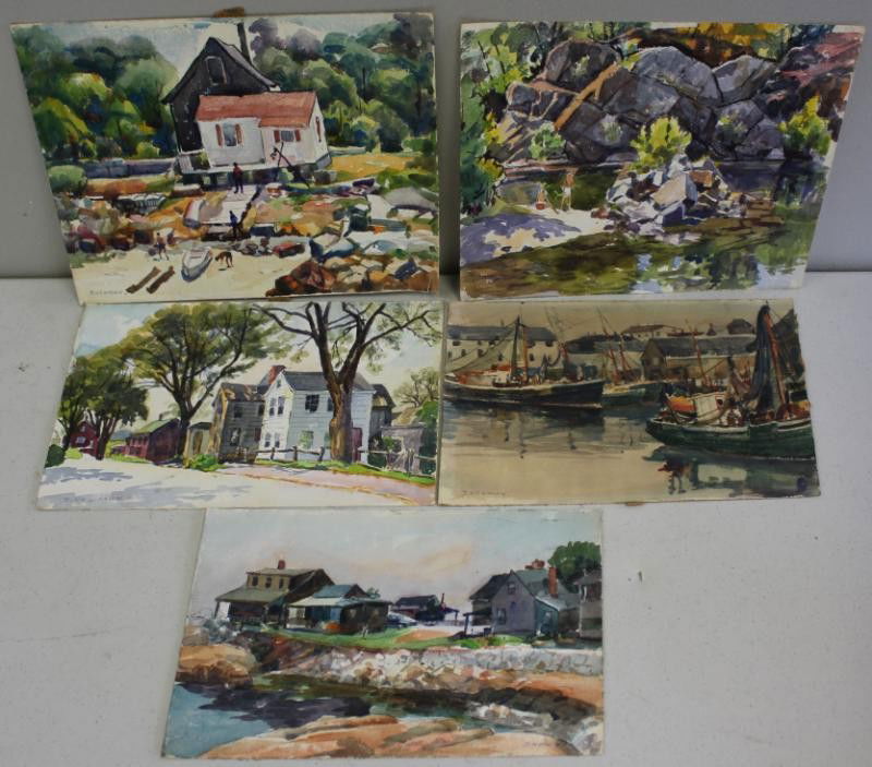 NEWMAN, Joseph. 5 Rockport Village & Harbor Scenes: All signed. All have Joseph Newman estate stamp verso. Joseph Newman, American- New York, 1890 - 1979. From the East 85th St. Estate of Joseph Newman. Dimensions: 10" high x 14" wide. Condition: Unfra