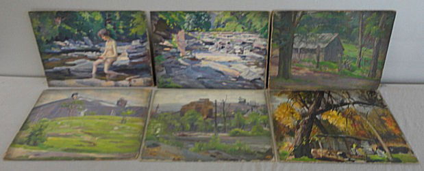 NEWMAN, Joseph. 6 Oil on Board Landscapes.: One with nude by a stream. 3 Signed lower right. All have Joseph Newman estate stamp verso. Joseph Newman, American- New York, 1890 - 1979. From the East 85th St. Estate of Joseph Newman. Dimensions: