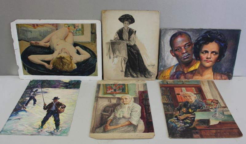 NEWMAN, Joseph. 6 Watercolors of Figures.: Five on artist board, and one on paper. All signed, some dated. All have Joseph Newman estate stamp verso. Joseph Newman, American- New York, 1890 - 1979. From the East 85th St. Estate of Joseph Newma