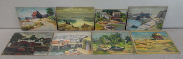 NEWMAN, Joseph. 8 Oil on Board Coastal Landscapes.: 4 signed lower right, 1 signed lower left. All have Joseph Newman estate stamp verso. Joseph Newman, American- New York, 1890 - 1979. From the East 85th St. Estate of Joseph Newman. Dimensions: 8" h x
