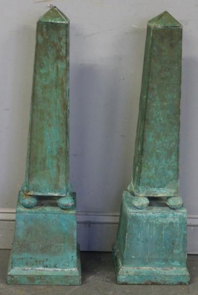 Pair of Patinated Copper Obelisks.: From a NYC apartment. Dimensions: 32" high.