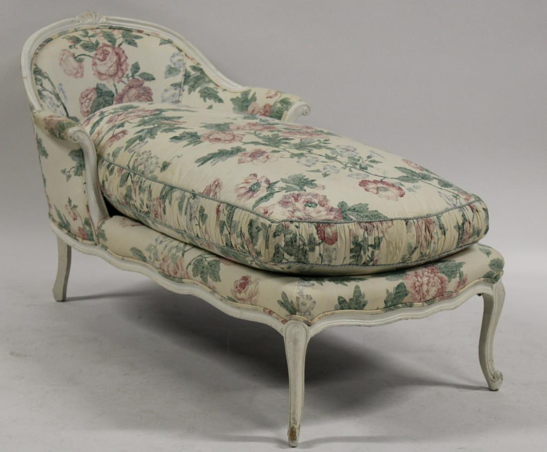 Louis XV Style White Painted Chaise.: Nice "shabby Chic" with down filled cushion. From a Larchmont, NY estate. - Dimensions: 32" x 59.5" x 30"