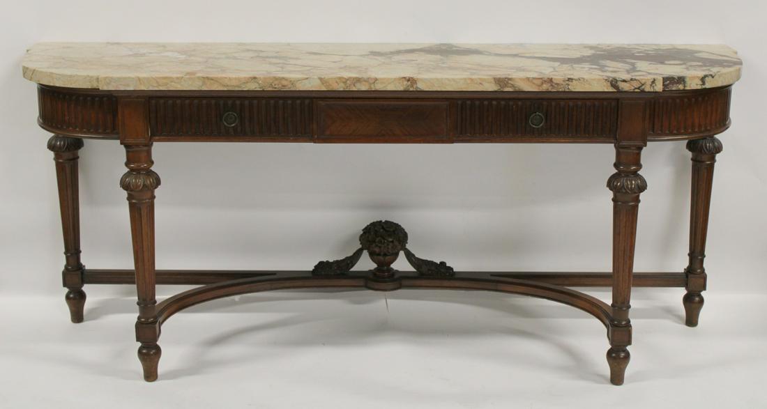 Vintage Marbletop Demilune Sideboard.: Good size and quality with nice thick marble. From an Ossining, NY estate. - Dimensions: 36" h x 84" w x 21.75" d.