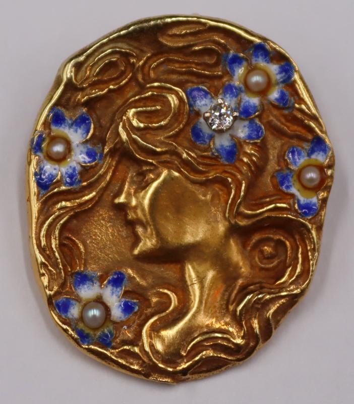 JEWELRY. Signed Art Nouveau 14kt Gold, Enamel, (1 of 9)