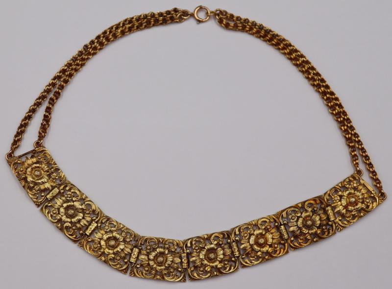 JEWELRY. 14kt Gold Floral Design Choker Necklace.: 14kt gold necklace comprised of (8) pierced floral designed pendants suspended from 14kt yellow gold stacked chain links. Possibly a later marriage of parts, but well matched. Clasp is stamped, "14KT"