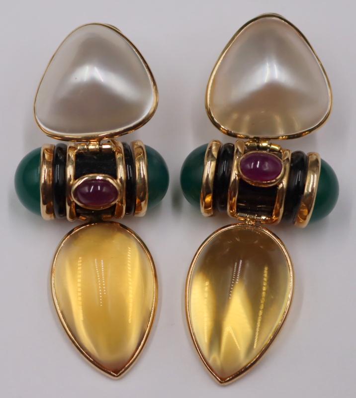 JEWELRY. Pair of Signed 14kt Gold Colored Gem and: Pearl Earrings. Stamped verso, "M/B 14K". Total approx. weight is 15.1 dwt (gross). From a Greenwich, CT estate. Dimensions: earrings measure approx. 2" in length.