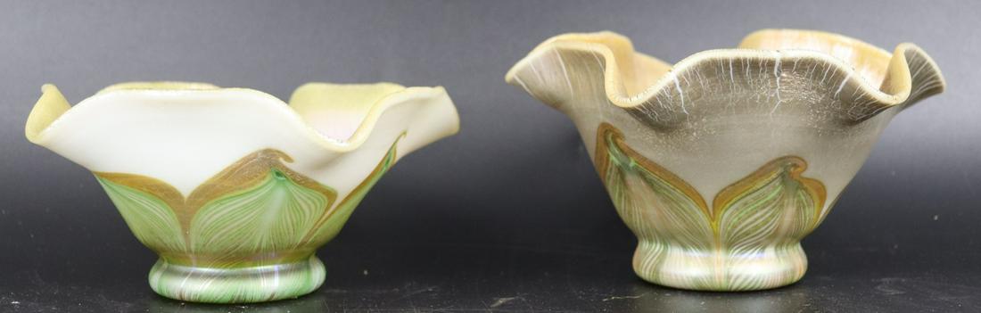 Pair of Tiffany (Atrib) Studios Favrile Glass: Bowls. From a Bronxville, NY estate. - Dimensions: 3.25"x6" & 3" x 6"