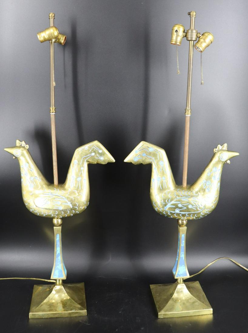 A Pair Of Bronze / Brass Enameled Bird Form Lamps (1 of 7)