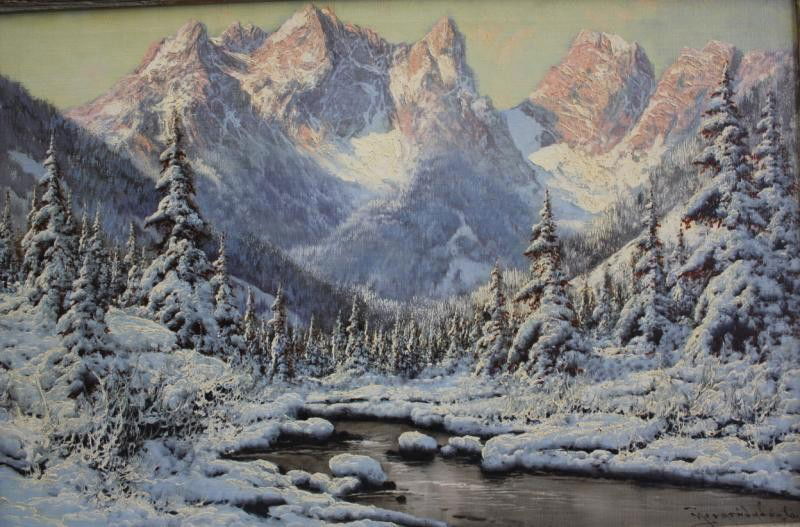 NEOGRADY, Laszlo. Oil on Canvas Snow Scene.: Signed lower right. Laszlo Neogrady, Hungarian, 1896 - 1962. From a Garden City, NY estate. Dimensions: 24" high x 36" high. Condition: Some gesso losses to frame. Painting in good original condition.
