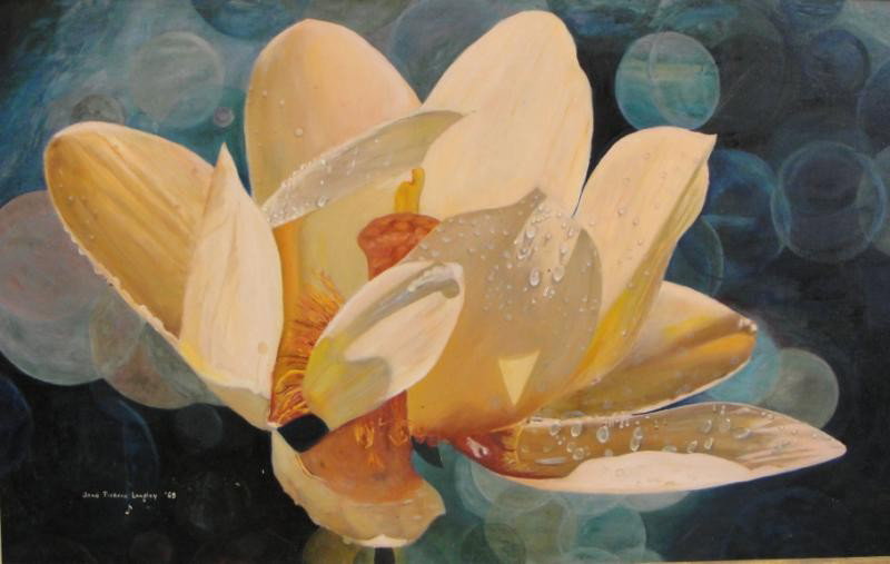 LANGLEY, Jane Pickens. 1969 O/C "Lotus.": Signed and dated lower left. Jane Pickens Langley, American, 1908 - 1992. Wally Findlay Galleries label verso. From a Westchester, NY estate. Dimensions: 23.5" high x 37.5" wide. Condition: Good, slig