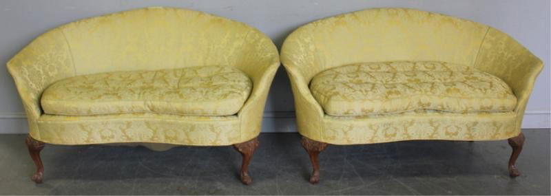 Pair of Queen Anne Style Down-Filled Demilune: Loveseats. Nice quality and very decorative. From a Larchmont, NY estate.