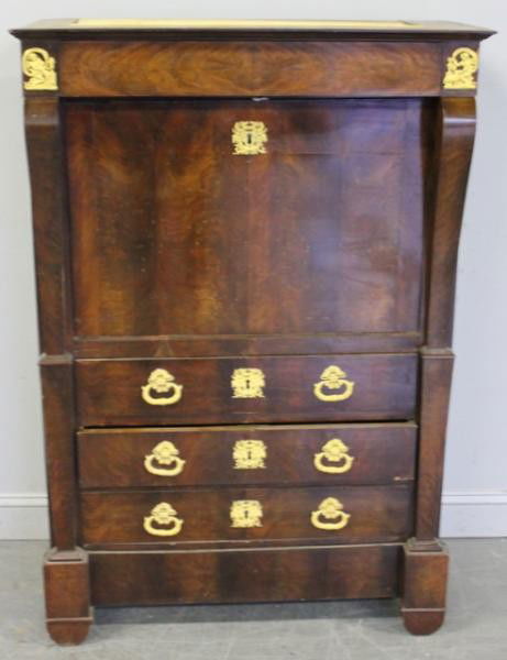 Mahogany Empire Secrétaire à Abattant. As is.: Beautiful abatant with quality bronze mounts. From a Sutton Place NYC estate. Dimensions: 36" x 16.5" x 54." Condition: Missing marbletop.