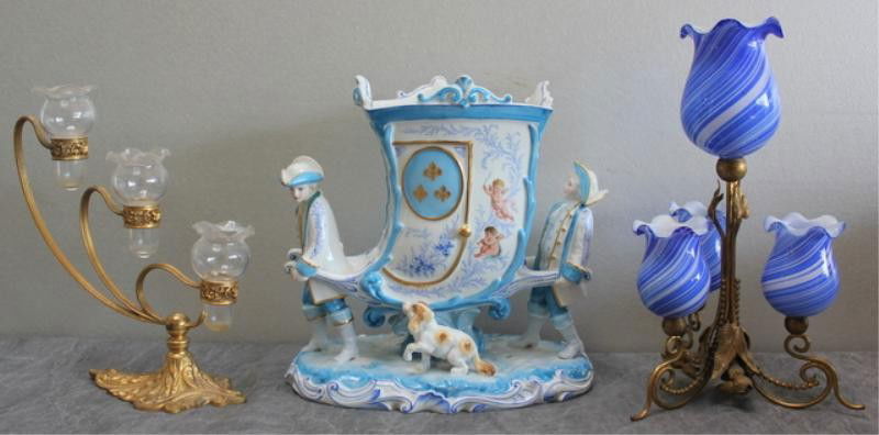 French Porcelain Carriage Form Planter and Two: Epergnes. From a Rye, NY estate. Dimensions: Carriage Form Planter measures 9" high.