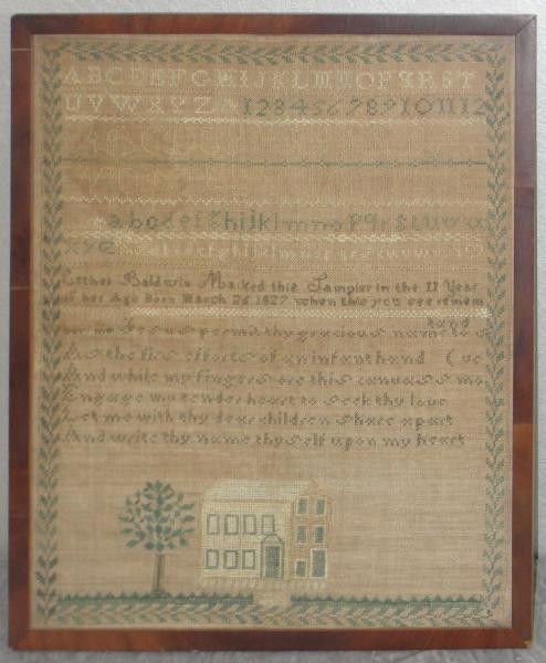 American Circa 1838 Cross Stitch Sampler.: From a Westport, CT home. Dimensions: 16.5" high x 13.5" wide. Condition: Age appropriate with staining upper left.