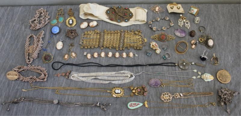 Tray Lot of Assorted Jewelry with Victorian.: Includes unmarked; probably low carat; Victorian; micro mosaic; cameo style; Lalique style pendant; .800 silver pendant necklace; West Point insignias; French Turkish Style brass buckle; some marked s