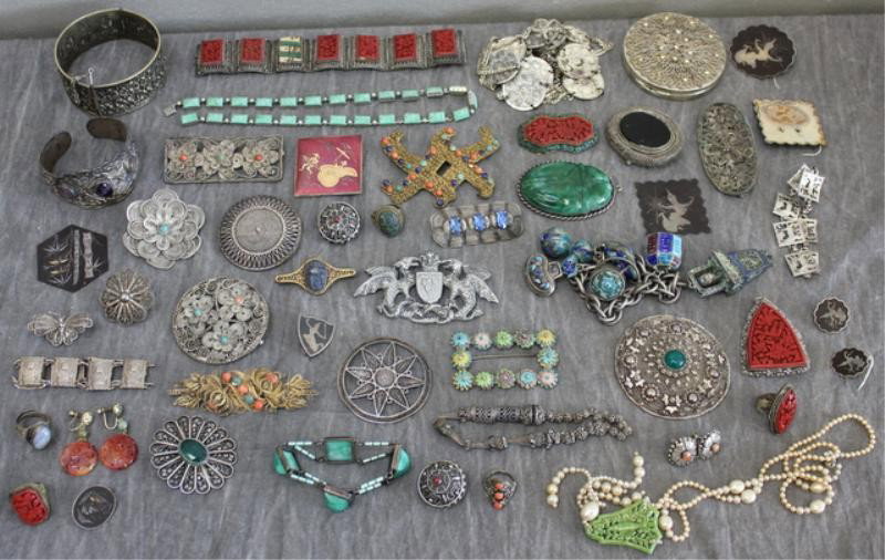 Tray Lot of Assorted Jewelry Includes Cinnabar,: Enameled Charm Bracelet, Jade Scarab, Other Jade Pieces, Siam, Filigree - some marked sterling, a Large Palestinian Silver Pin, etc. From a Yorktown Heights, NY home.