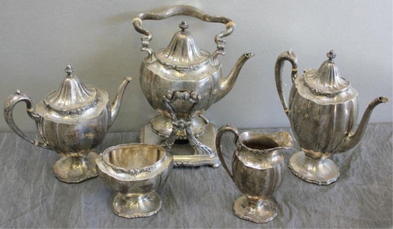 STERLING. 5 Piece Coffee Set, Possibly Gorham.: Kettle on stand (no burner), tea pot, coffee pot, sugar, creamer. From an Armonk, NY estate.approx 147 troy oz Dimensions: kettle is 12" high plus handle.