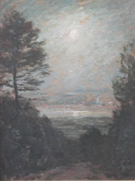 BOSTON. Signed Oil on Canvas Moonlit Landscape.: Signed lower right. Possibly Joseph Henry Boston, American, 1860 - 1954. From a Larchmont, NY home Dimensions: 24" high x 18" wide. Condition: Needs cleaning.