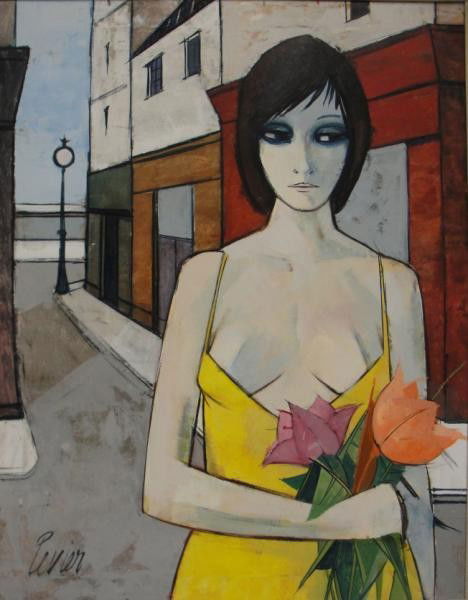 LEVIER, Charles. O/C "Femme Aux Fleurs" together: with an artist inscribed book. Oil is signed lower left and inscribed verso with title. Charles Levier, French-American, 1920 - 2004. From a Westchester, NY estate. Dimensions: 30" high x 24" wide. Co