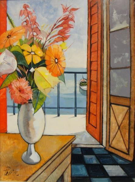 LEVIER, Charles. O/C Still Life with Flowers and: Balcony. Charles Levier, French-American, 1920 - 2004. From a Westchester, NY estate. Dimensions: 40" high x 30" wide. Condition: Generally good.