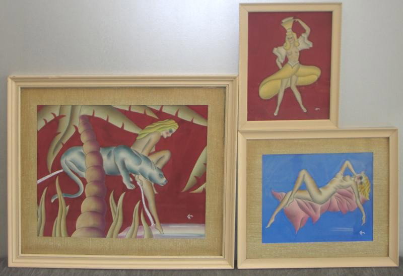 KAITZ, Gustav. 3 Art Deco Nude Gouaches on Paper.: All signed lower right. Gustav Kaitz, American, 1913 - 1992. From a Westchester, NY estate. Dimensions: 14.5" high x 18.5" wide, 17.5" high x 13.5" wide, and 22" high x 28" wide.