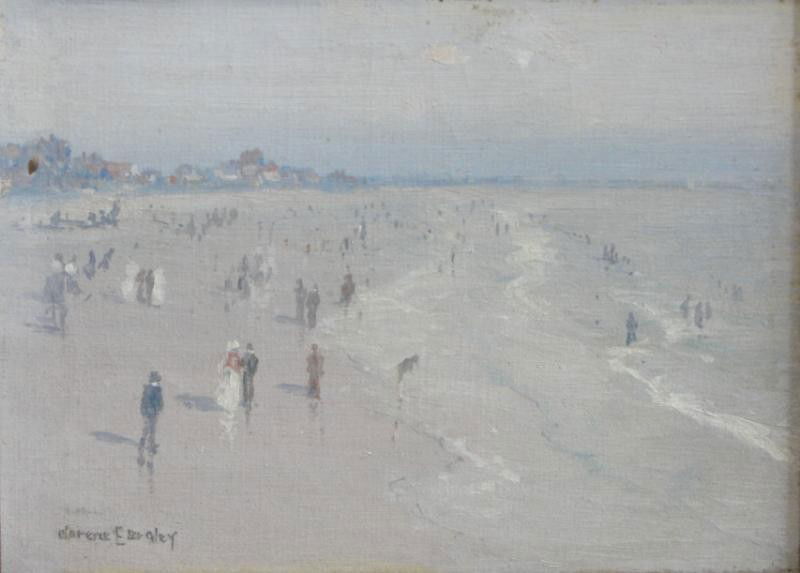 BRALEY, Clarence E. Oil on Canvas Beach Scene.: Clarence E. Braley, American, 1854 - 1927. Signed lower left. From a Garden City, NY estate. Dimensions: 9" wide x 7" wide. Condition: Slightly dirty, light surface stains not affecting main image.