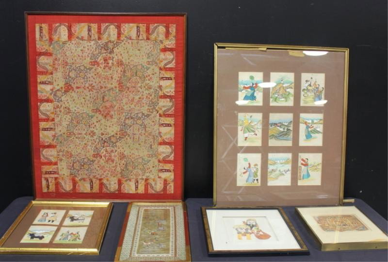 Lot of Asian Artwork.: Two framed gouaches, a kabuki style paper cut-out, an Asian textile, a Southeast Asian painted fragment, and a framed textile. From a Bronx, NY estate. Dimensions: largest gouache - 26" x 31." Conditi