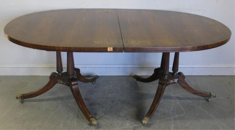 Dining Table with Brass Inlay.: From an Armonk, NY estate. Dimensions: 74" wide x 44" deep x 29" high. With 2 leaves - 23.5" each.