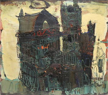 RAIMONDS STAPRANS (B.1926, LATVIAN / AMERICAN).: "Grace Cathedral, San Francisco". Oil on canvas. 1958. Signed and dated upper left. Inscriptions on reverse. From a Mamaroneck, NY collection. - Dimensions: 22" h x 25" w.