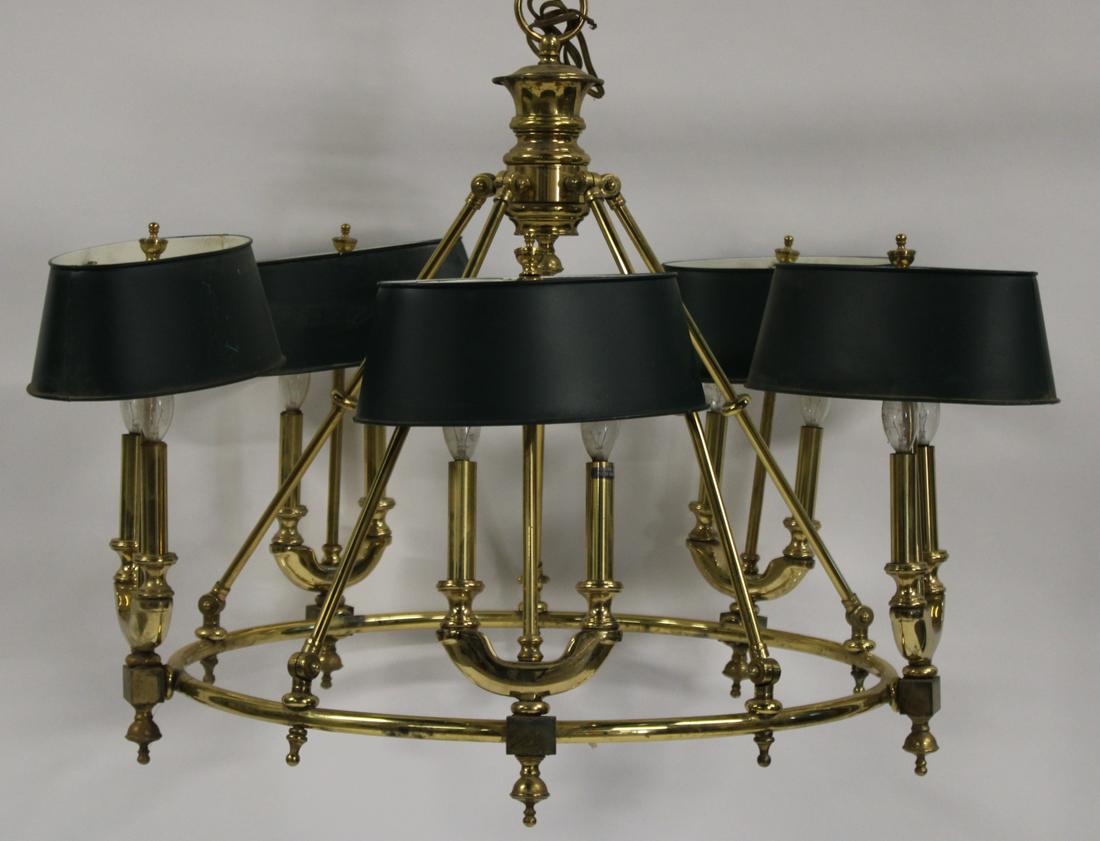 Antique Gilt Metal Chandelier With Tole Metal: Shades. From a Westchester County, NY estate. - Dimensions: 28" h x 34" w.