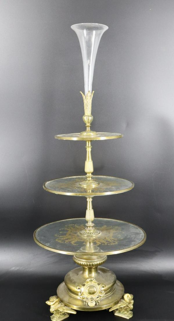 An Antique Brass & Glass Centerpiece / Epergne.: A nice large and original epergne with gilt decoration on the glass. From a Mamaroneck, NY estate. - Dimensions: 37" h x 15" w.