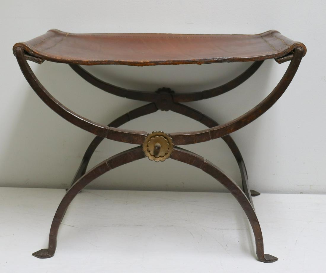 Antique Hand Wrought Iron Bench With Leather Top. (1 of 8)