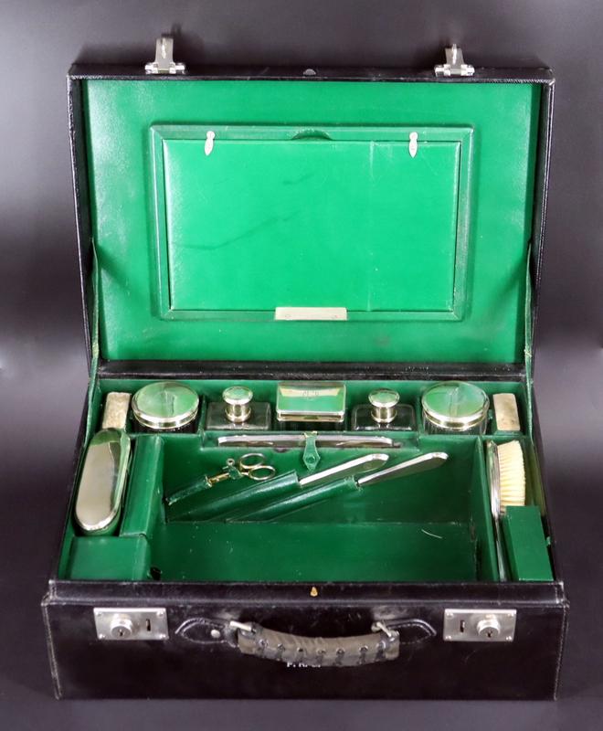 STERLING. Gorham Sterling Mounted Travel Grooming: Set. A monogrammed Mark Cross cased Gorham sterling mounted gold washed travel grooming set. Comprised of a sterling mounted paddle brush, sterling mounted single sided military brush, sterling mounte