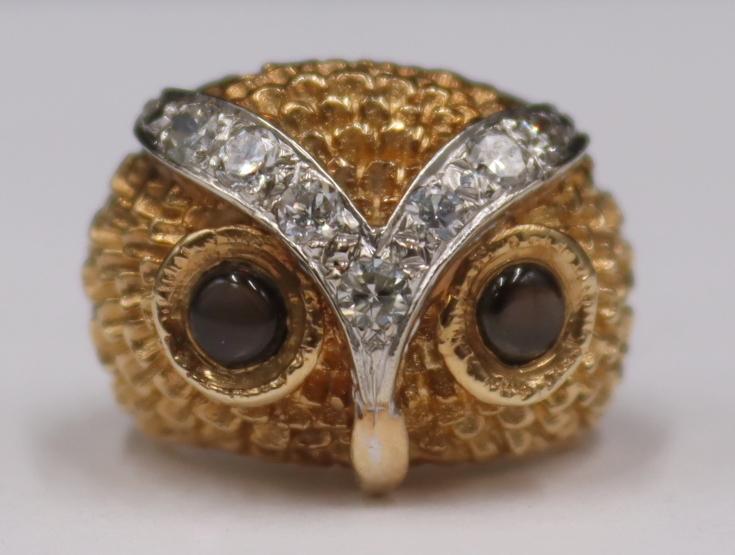 JEWELRY. 14kt Gold, Diamond and Gem Owl Ring. (1 of 8)