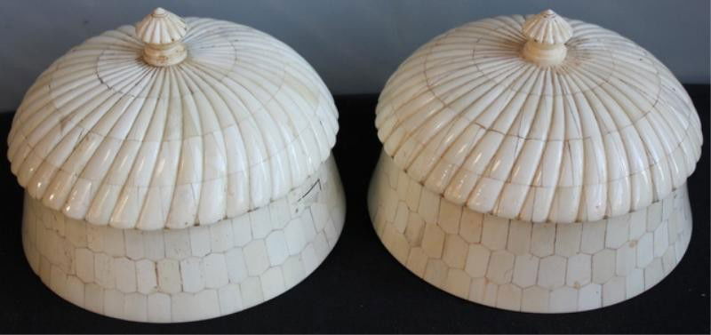 Pair of Bone Decorative Boxes.: From a Queens, NY location. Dimensions: 7.5" diameter x 6" high.
