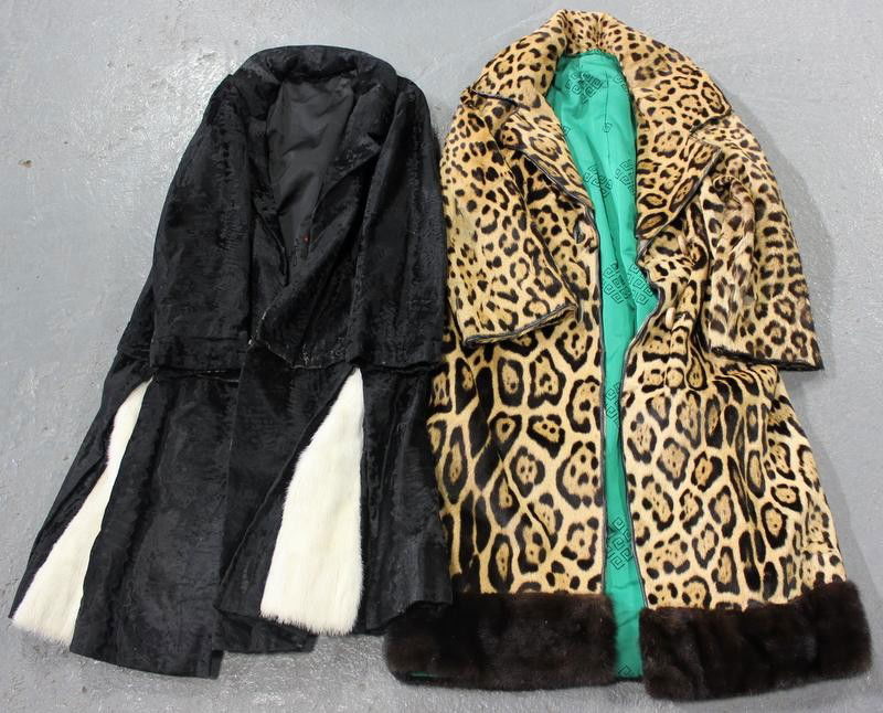 2 Vintage Fur Coats Including 1 Broadtail Coat: with White Mink Trim and a Vintage Leopard Skin Coat. From a White Plains, NY home.
