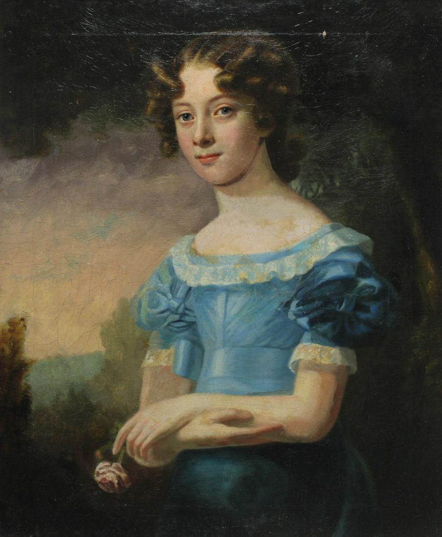 MANNER OF MARGARET SARAH CARPENTER: Portrait of a girl, three-quarter-length, in a blue dress, holding a rose. Oil on canvas. Provenance: Christie's sale, Apr. 2015; lot stickers affixed to verso. From a Delaware estate. - Dimensions: 2