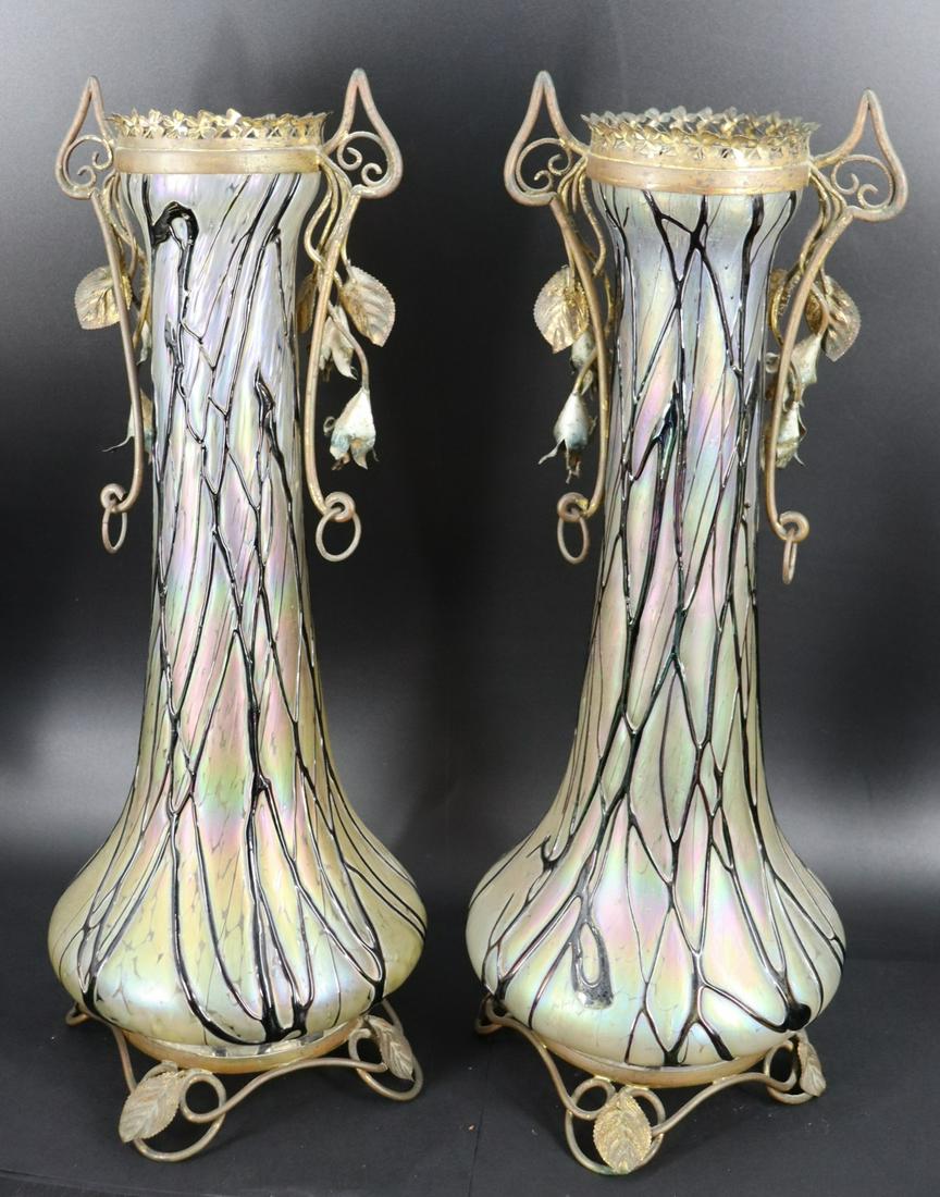 Pair of Art Nouveau Loetz Style Gilt Metal Mounted: Vases. A nice original and large pair. Apparently unsigned. From a Bronx, NY estate. - Dimensions: 17" h.