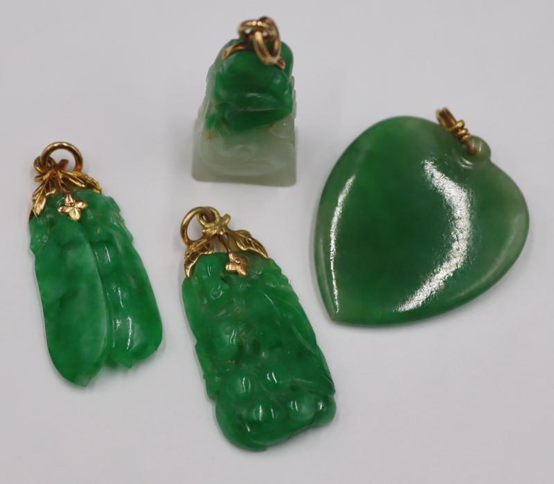 JEWELRY. (4) Gold Mounted Jade Pendants. (1 of 11)