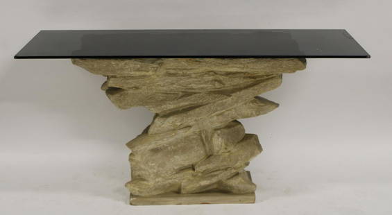 Stone Form Console Table After Emilio Terry.: In a painted plaster with glass top, possibly midcentury. From a Larchmont, NY estate. - Dimensions: 31' h x 60" x 20"